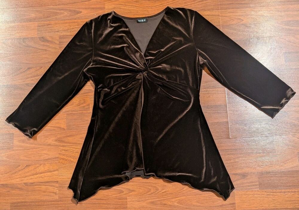 MSK Womens Medium Brown Velvet Tunic Top Twist Front Asymmetrical Y2K V Neck